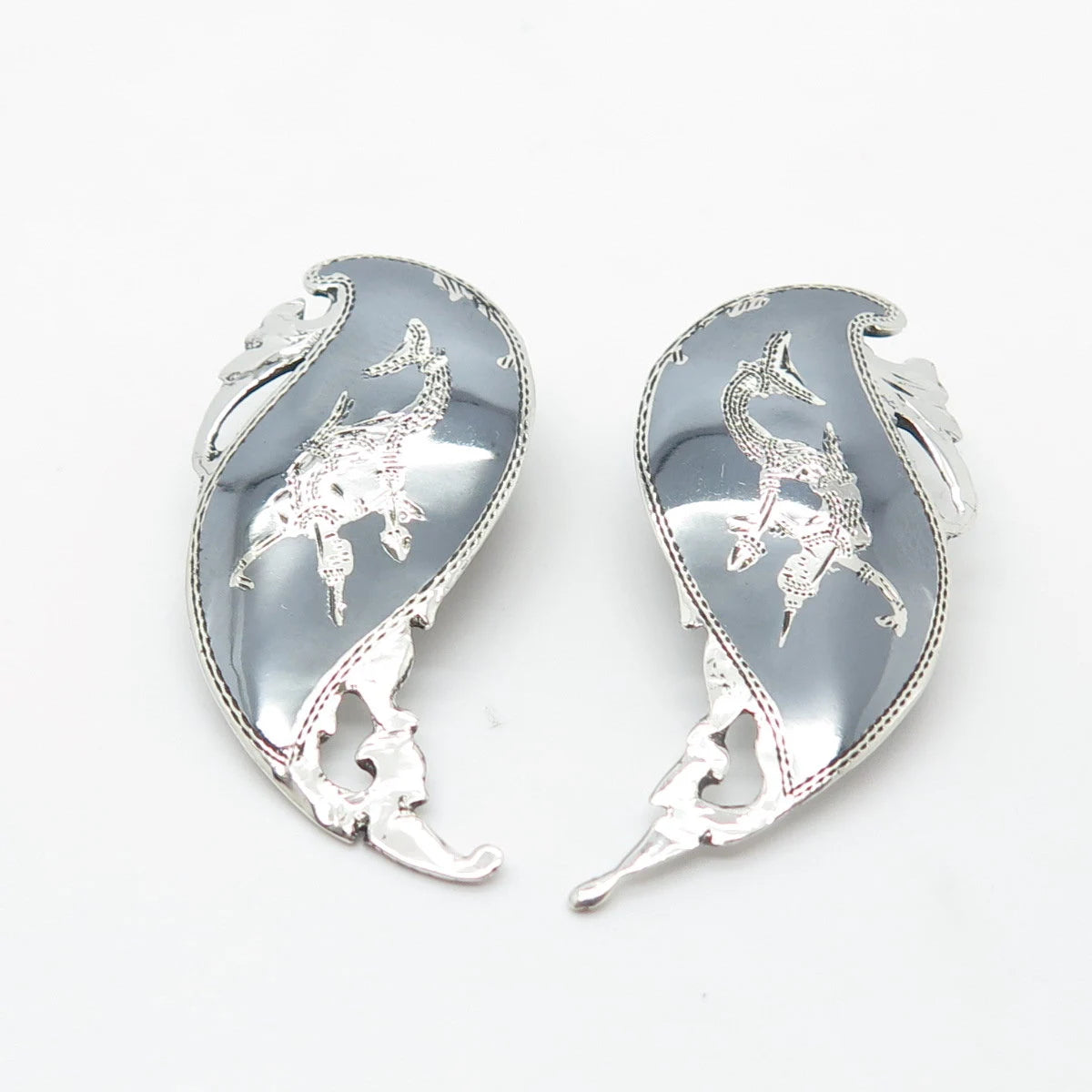 925 Sterling Silver Vintage Siam Niello Hindu Goddess Clip On Earrings