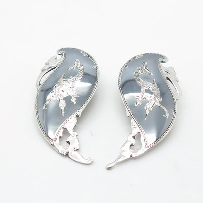 925 Sterling Silver Vintage Siam Niello Hindu Goddess Clip On Earrings