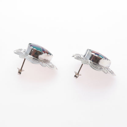 Old Pawn Sterling Silver Turquoise Coral Lapis Sugilite Malachite Heart Earrings