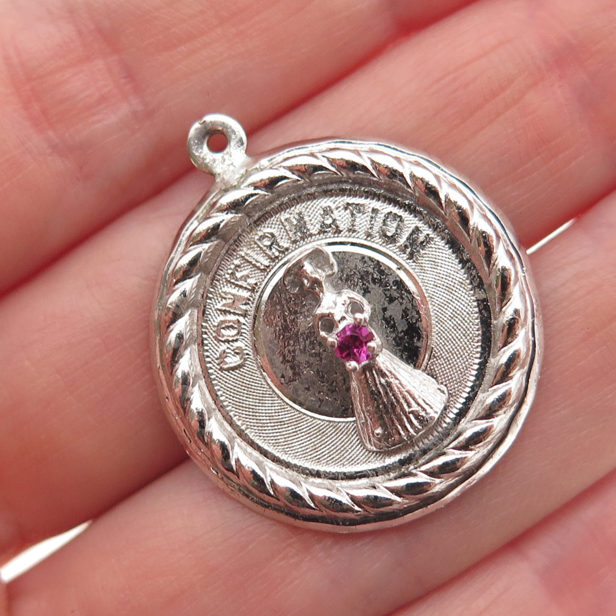925 Sterling Silver Vintage Pink Rhinestone Confirmation Charm Pendant