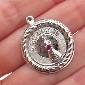 925 Sterling Silver Vintage Pink Rhinestone Confirmation Charm Pendant
