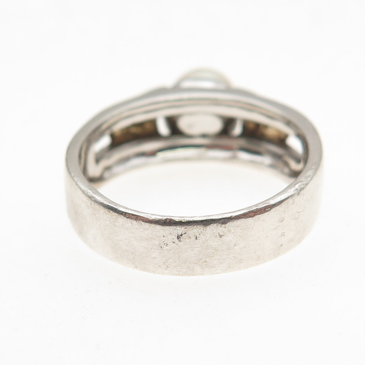 925 Sterling Silver 2-Tone Vintage Real Pearl Modernist Oxidized Ring Size 7.75
