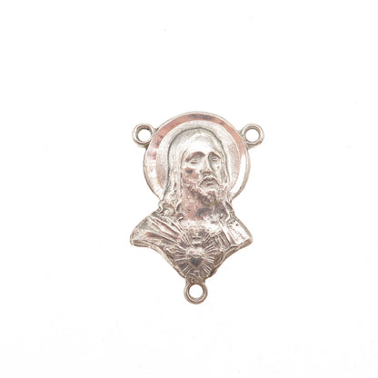925 Sterling Silver Antique Art Deco Jesus Rosary Chain Centerpiece Pendant