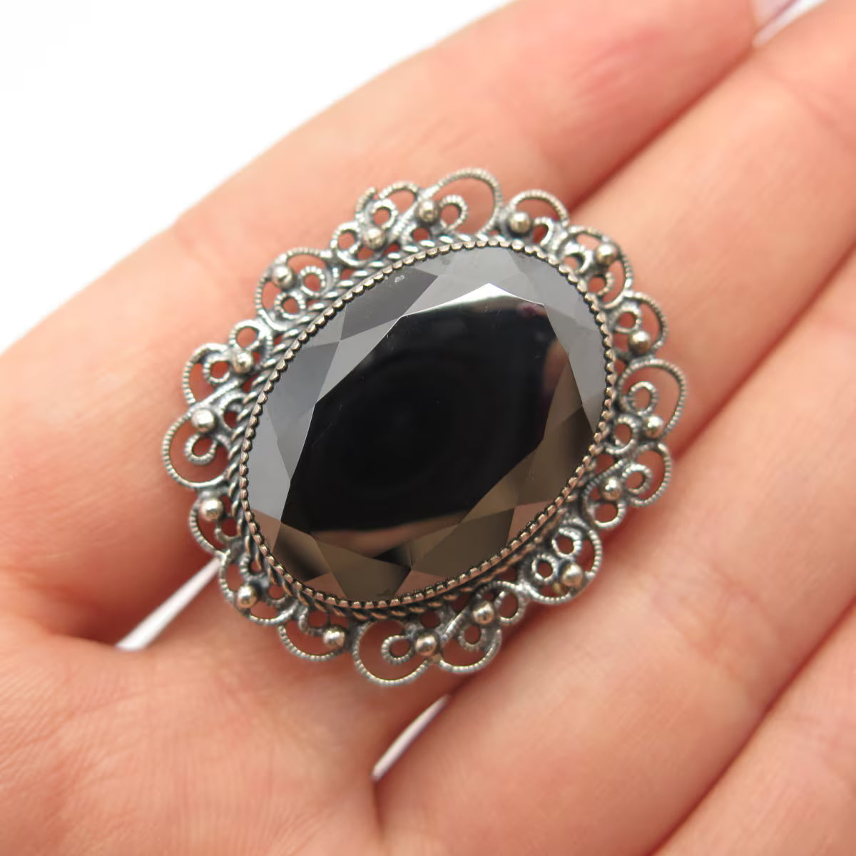925 Sterling Silver Vintage Danecraft Real Hematite Gemstone Ornate Pin Brooch