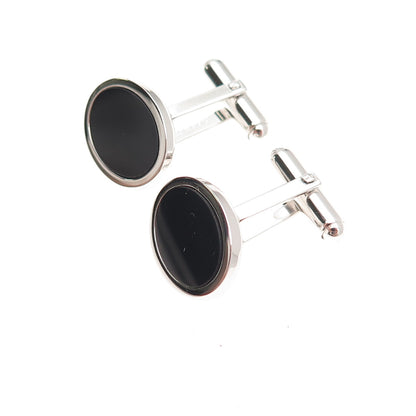 Walter E Hayward 925 Sterling Silver Vintage Real Black Onyx Oval Cufflinks