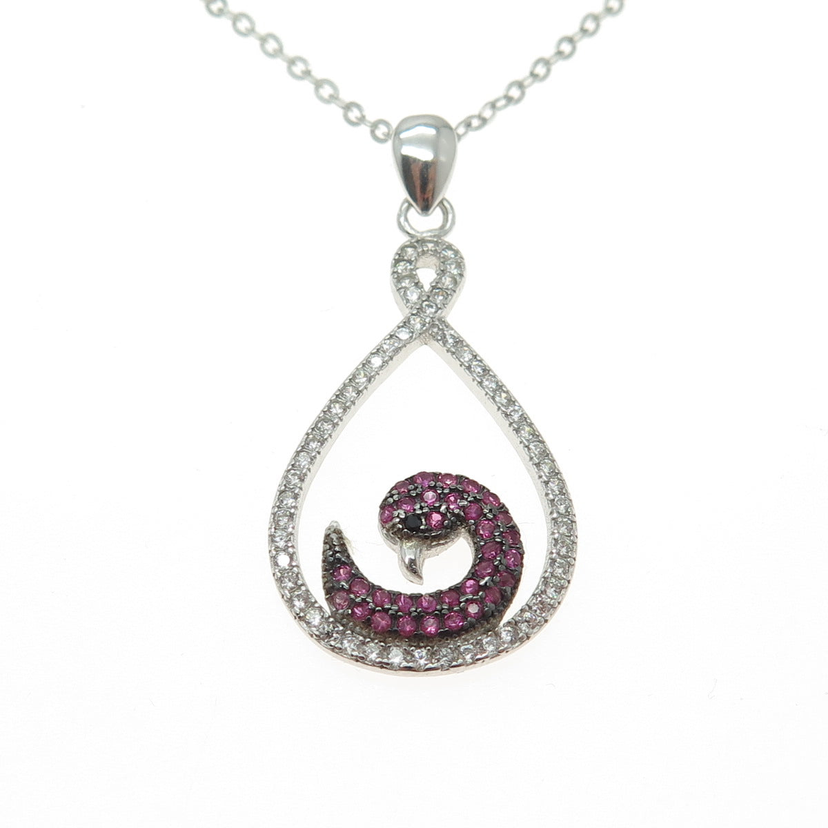 925 Sterling Silver Pink Sapphire Black Spinel C Z Swan Cable Chain Necklace 18"