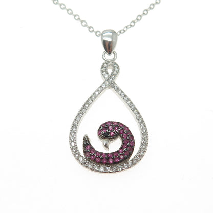 925 Sterling Silver Pink Sapphire Black Spinel C Z Swan Cable Chain Necklace 18"