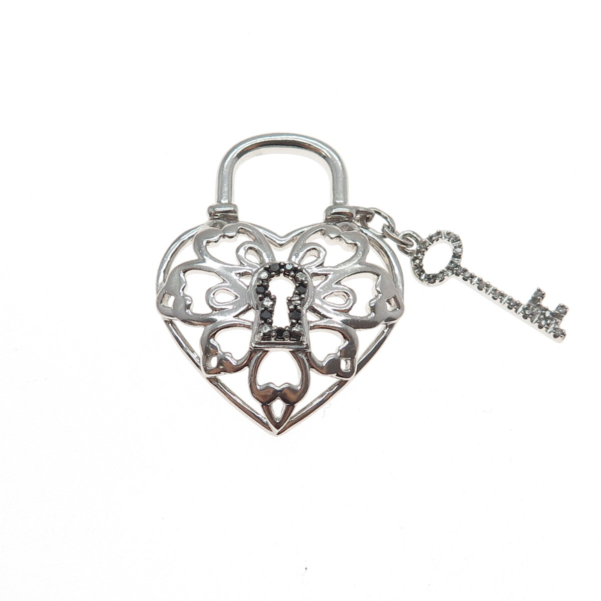 JANE SEYMOUR Sterling Silver Real Black & White Diamond Heart Lock Key Pendant