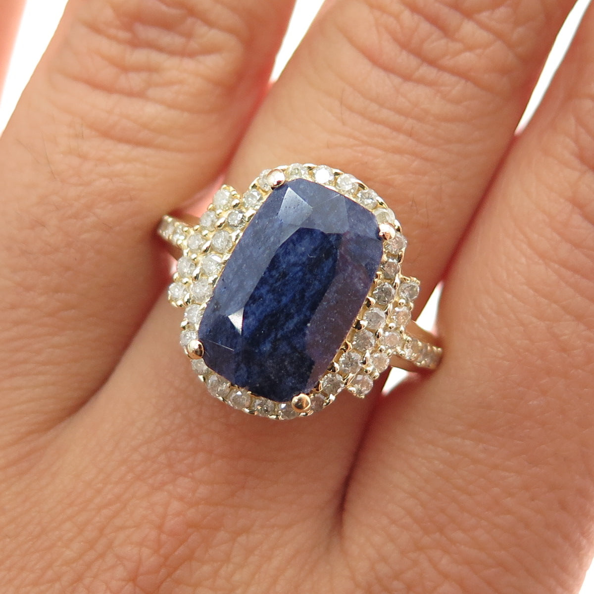 DSMK 925 Sterling Silver Gold Plated Real Diamond & Sapphire Ring Size 7