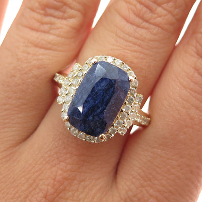 DSMK 925 Sterling Silver Gold Plated Real Diamond & Sapphire Ring Size 7