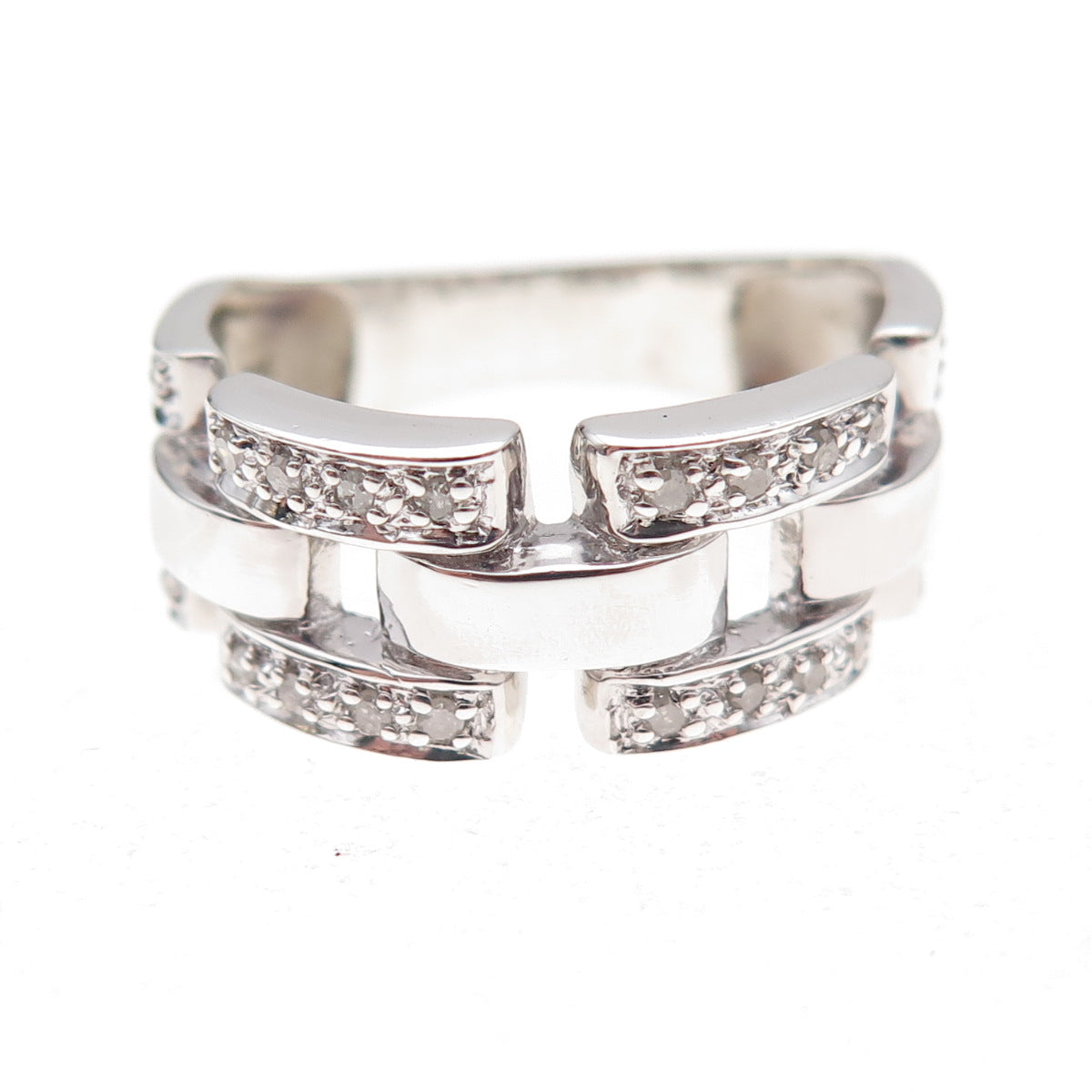 925 Sterling Silver Real Round-Cut Diamond Chain Link Ring Size 8