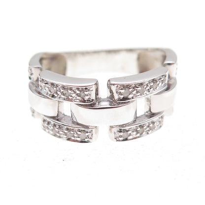 925 Sterling Silver Real Round-Cut Diamond Chain Link Ring Size 8