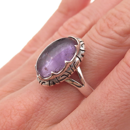 925 Sterling Silver Vintage Real Amethyst Floral Oxidized Ring Size 7.25