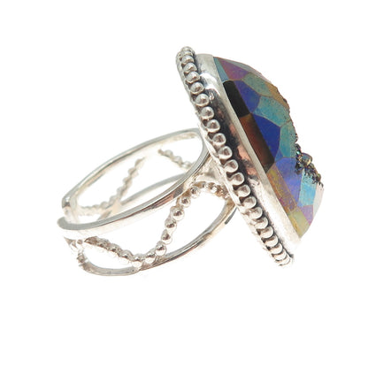 COLLEEN LOPEZ 925 Sterling Vintage Real Rainbow Druze Adjustable Ring Size 8.25