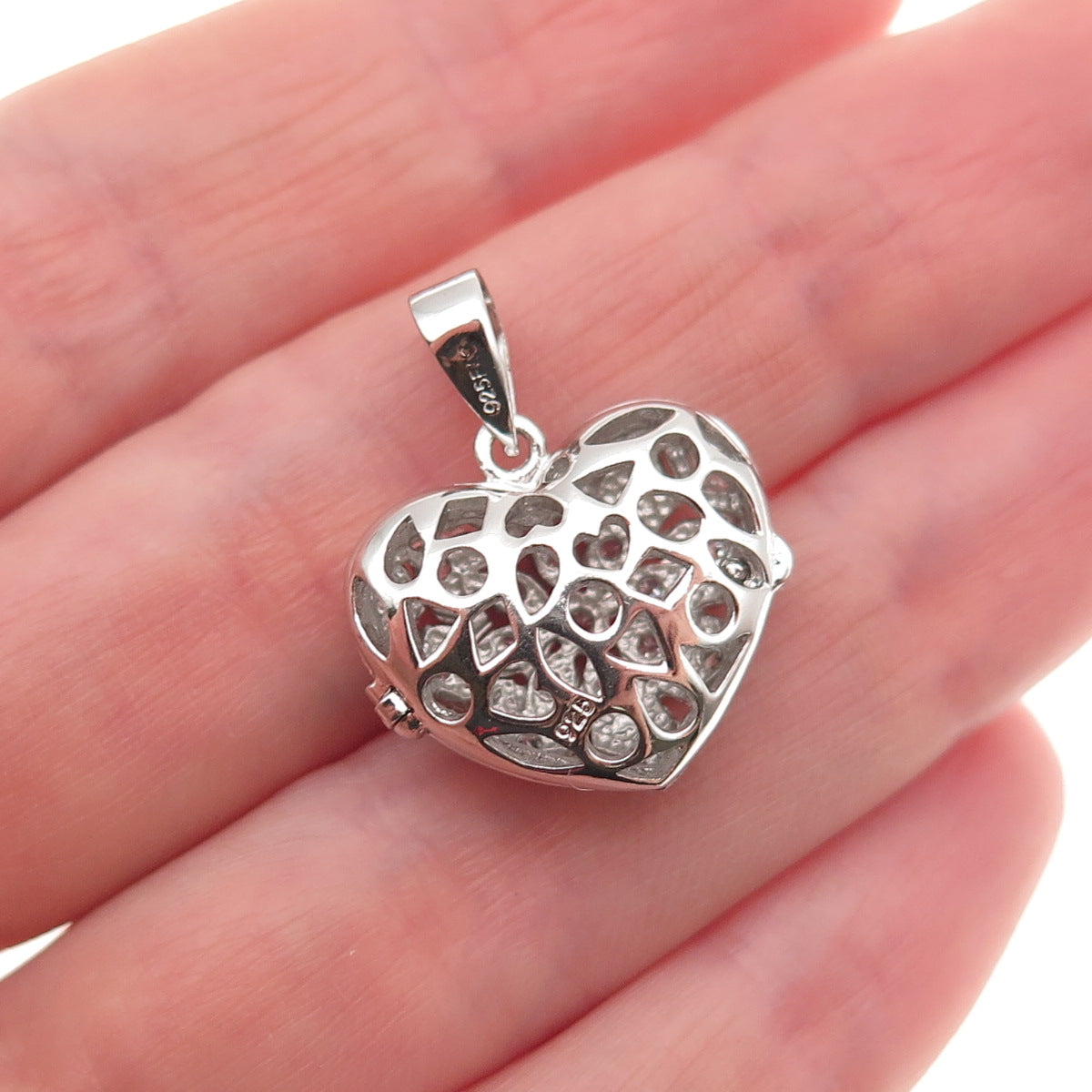 925 Sterling Silver Round-Cut C Z Heart Floral Locket Charm Pendant