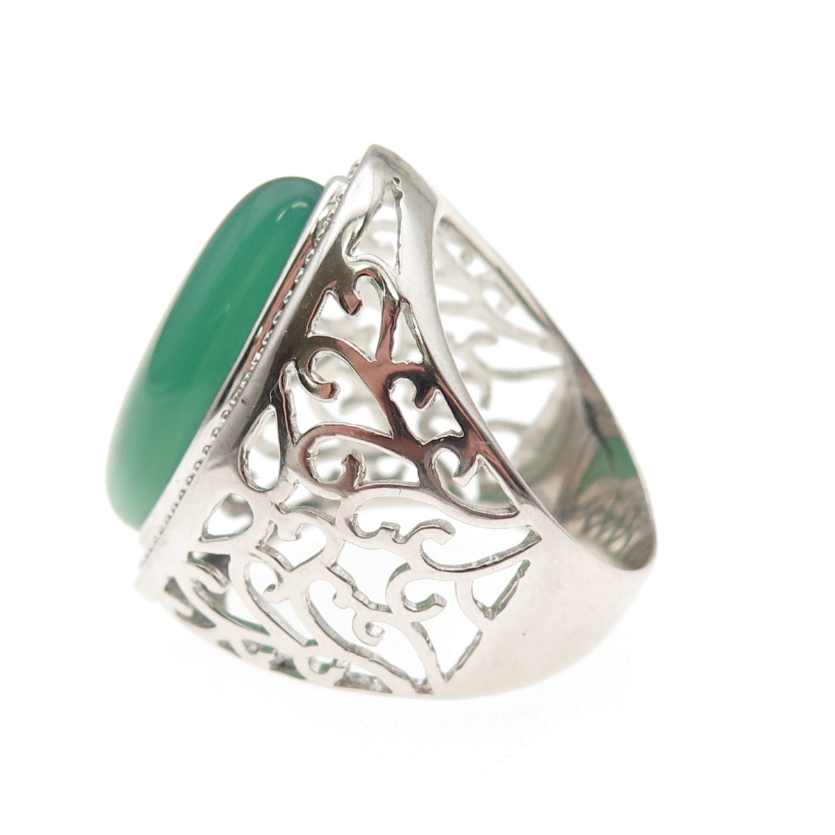 Ken Crafts 925 Sterling Silver Real Green Agate Floral Scroll Ring Size 8.5