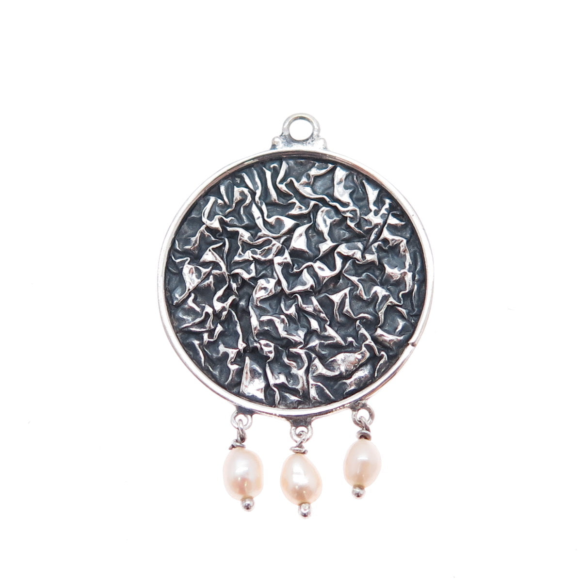925 Sterling Silver Vintage Real Pearl Modernist Oxidized Charm Pendant