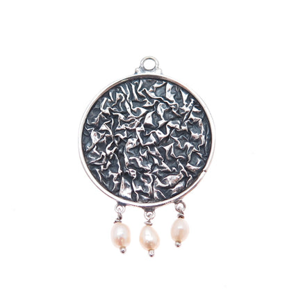 925 Sterling Silver Vintage Real Pearl Modernist Oxidized Charm Pendant