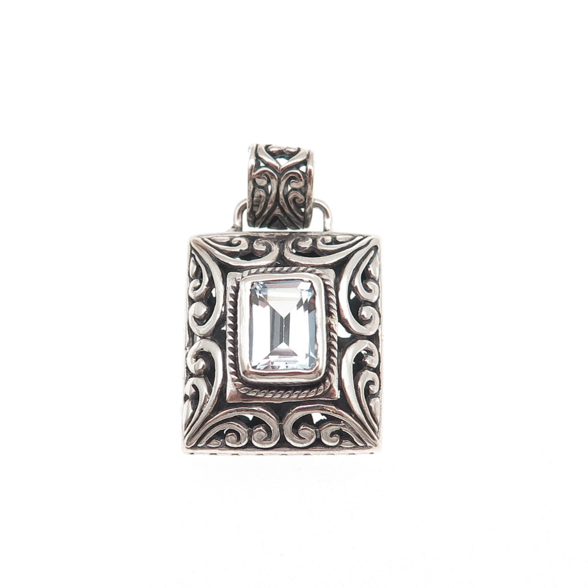 925 Sterling Silver Vintage Real Blue Topaz Floral Ornate Oxidized Charm Pendant