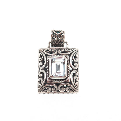 925 Sterling Silver Vintage Real Blue Topaz Floral Ornate Oxidized Charm Pendant