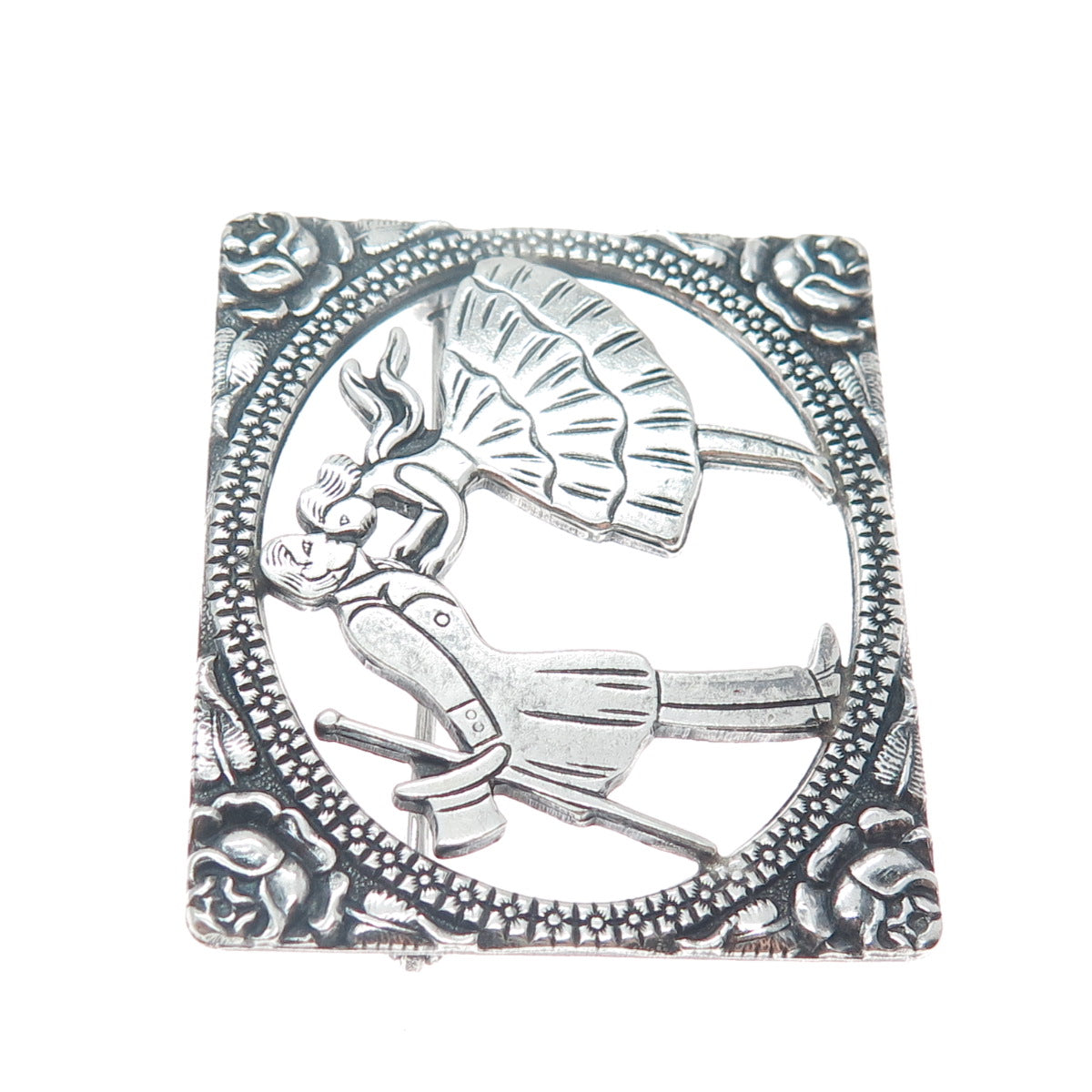 925 Sterling Silver Vintage Courting Couple Scene Floral Oxidized Pin Brooch