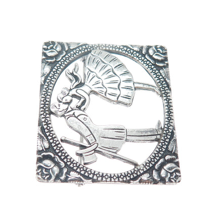925 Sterling Silver Vintage Courting Couple Scene Floral Oxidized Pin Brooch