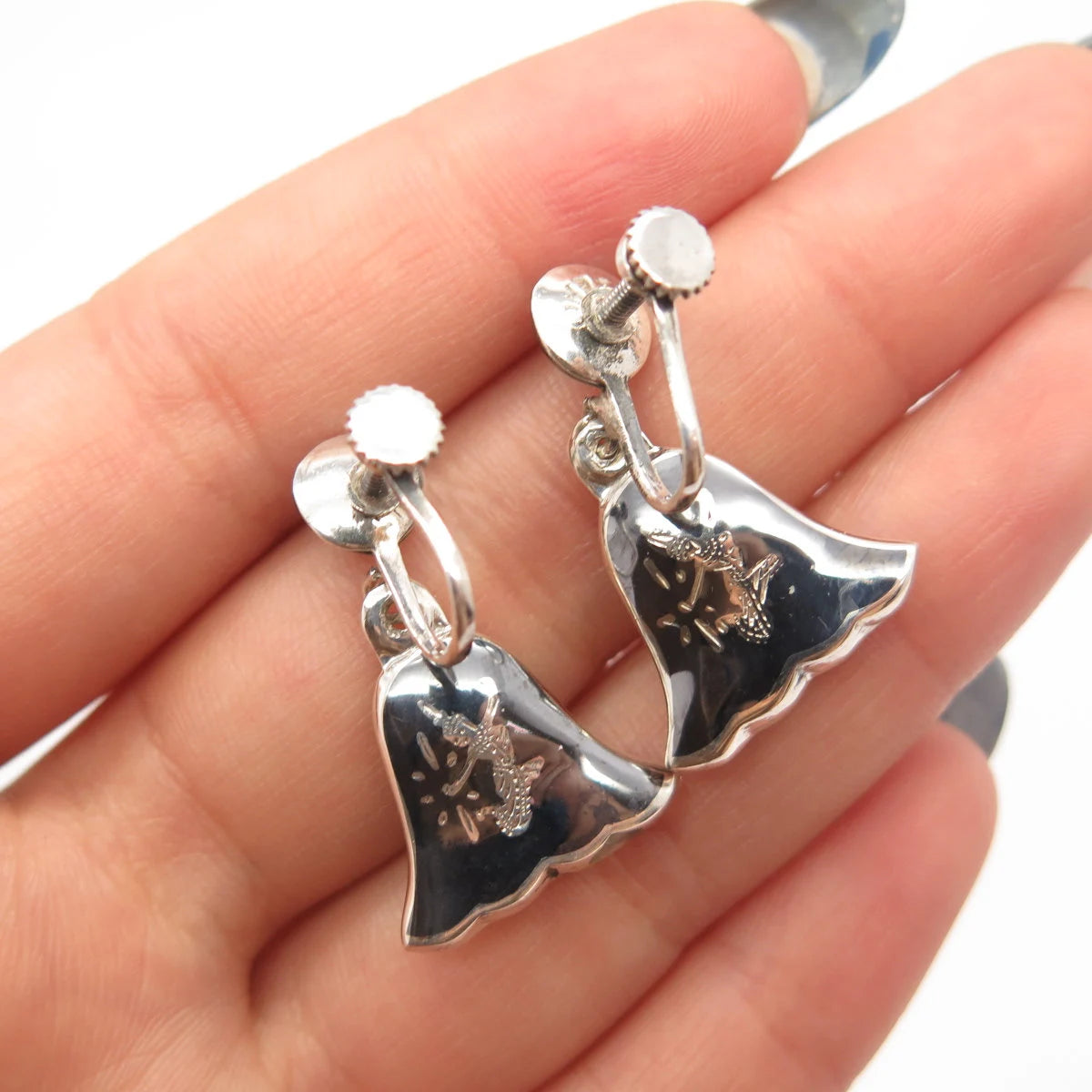 925 Sterling Silver Vintage Siam Niello Hindu Goddess Screw Back Earrings