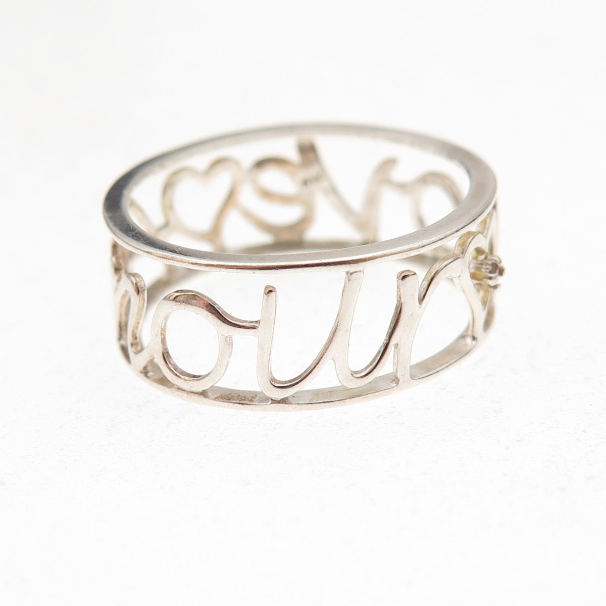 925 Sterling Silver Real Diamond Love / Amour Heart Band Ring Size 8