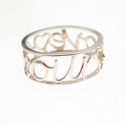 925 Sterling Silver Real Diamond Love / Amour Heart Band Ring Size 8