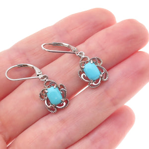925 Sterling Silver Real Sleeping Beauty Turquoise Floral Dangle Earrings