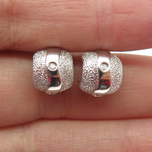 925 Sterling Silver Real Round-Cut Diamond Textured Half Hoop Earrings