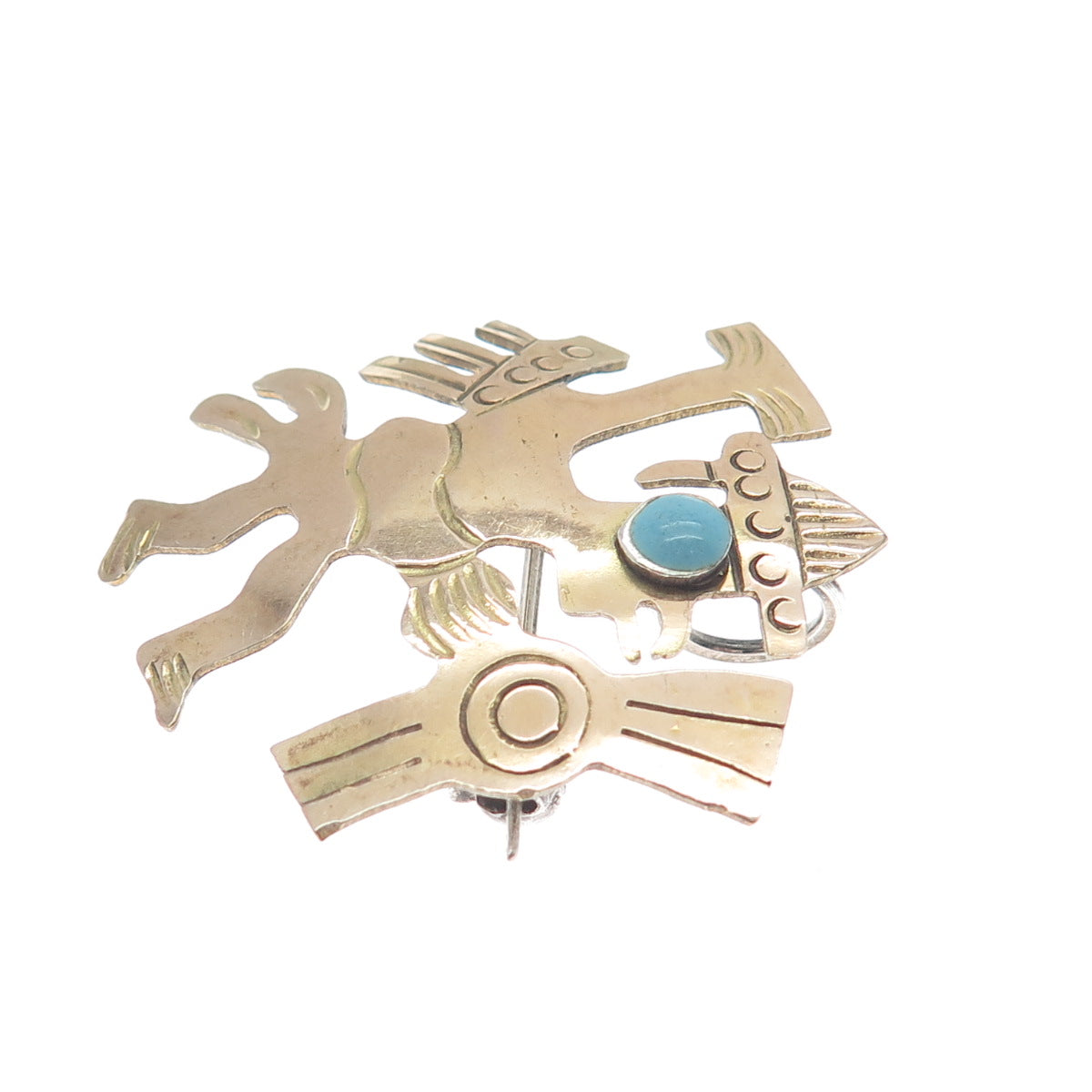 925 Sterling Silver & 18K Gold Vintage Real Turquoise Mayan Warrior Pin Pendant