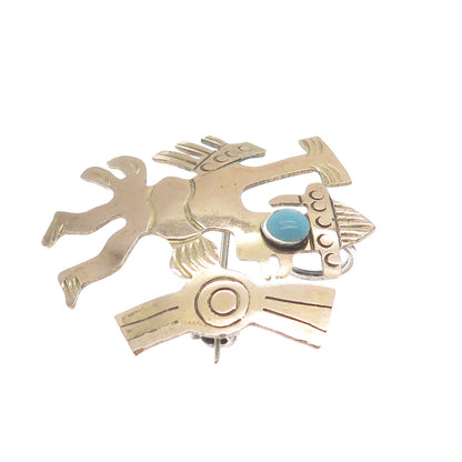 925 Sterling Silver & 18K Gold Vintage Real Turquoise Mayan Warrior Pin Pendant