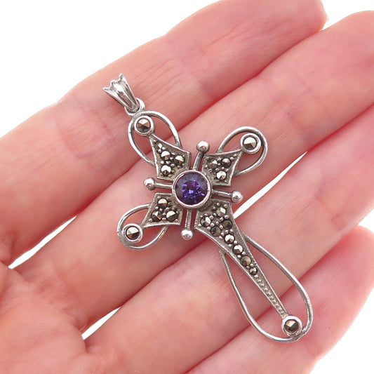 925 Sterling Silver Vintage Real Amethyst & Marcasite Cross Oxidized Pendant
