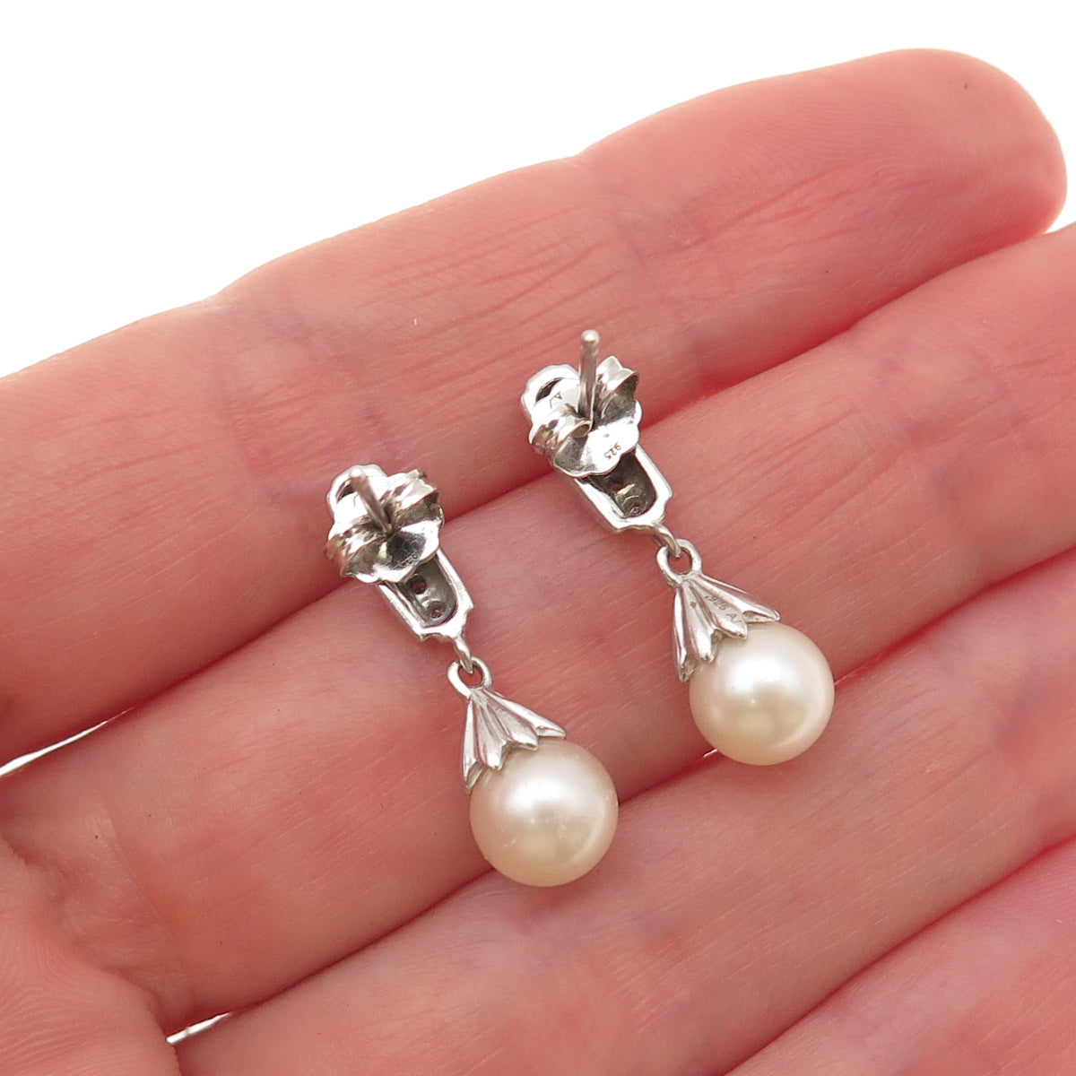 925 Sterling Silver Real Round-Cut Diamond & Pearl Dangle Earrings