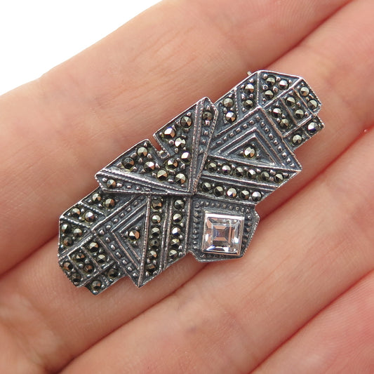925 Sterling Silver Vintage Real Marcasite & C Z Oxidized Pin Brooch