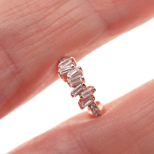 925 Sterling Silver Rose Gold Plated Round & Emerald-Cut C Z SINGLE Cuff Earring