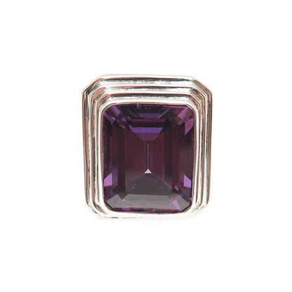 925 Sterling Silver Vintage Real Emerald-Cut Amethyst Modernist Ring Size 7.25