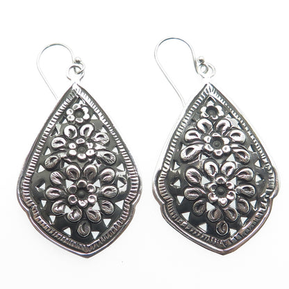 925 Sterling Silver Vintage Floral Dangle Oxidized Earrings