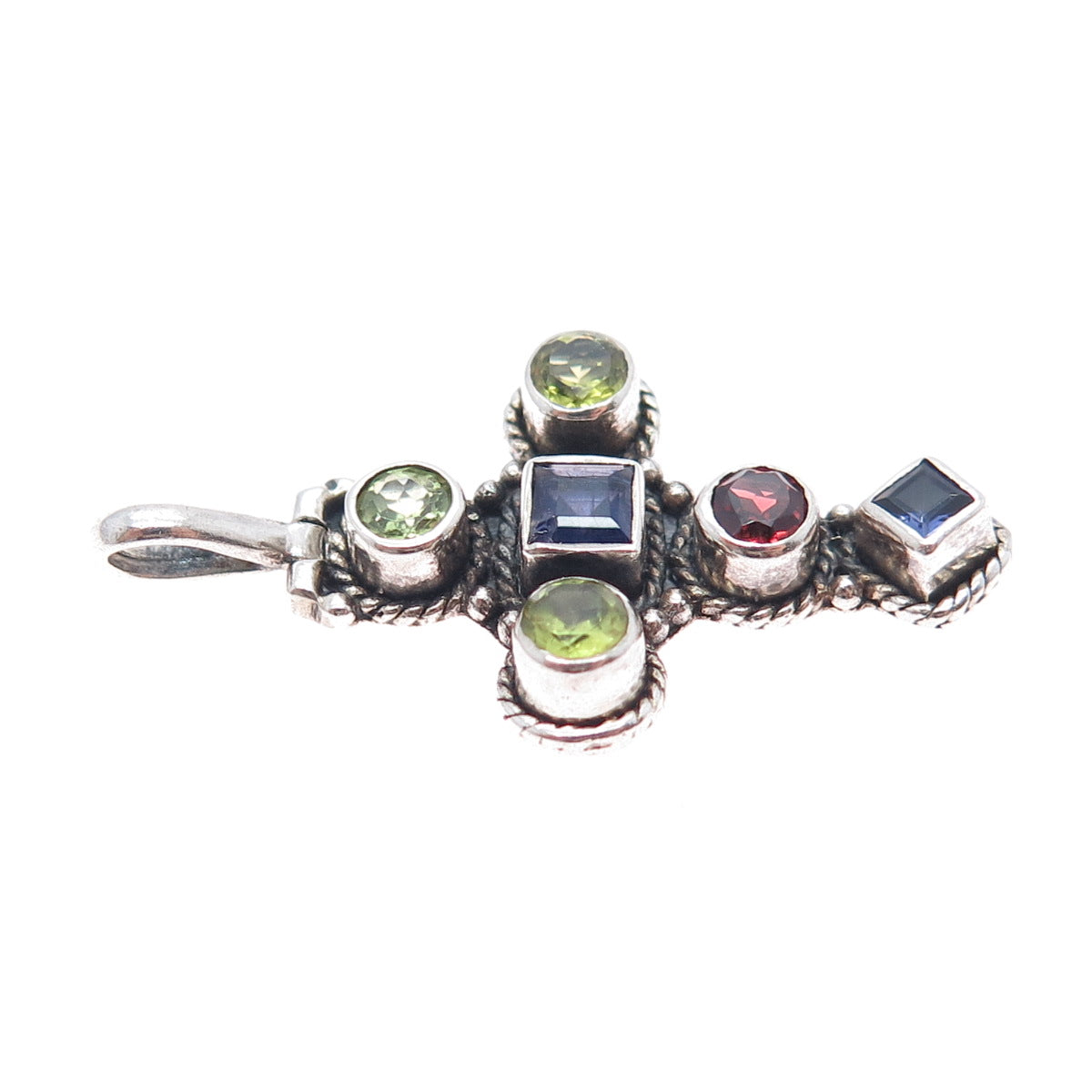 925 Sterling Silver Vintage Real Iolite Peridot & Red Garnet Cross Charm Pendant