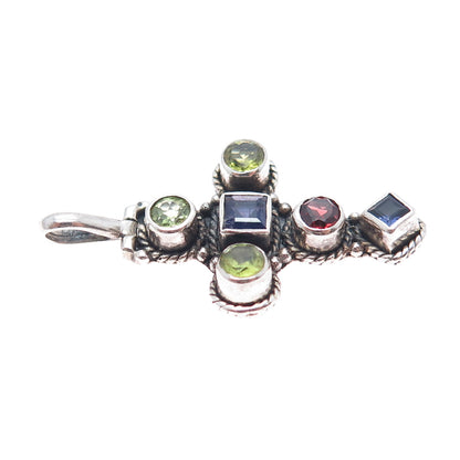 925 Sterling Silver Vintage Real Iolite Peridot & Red Garnet Cross Charm Pendant
