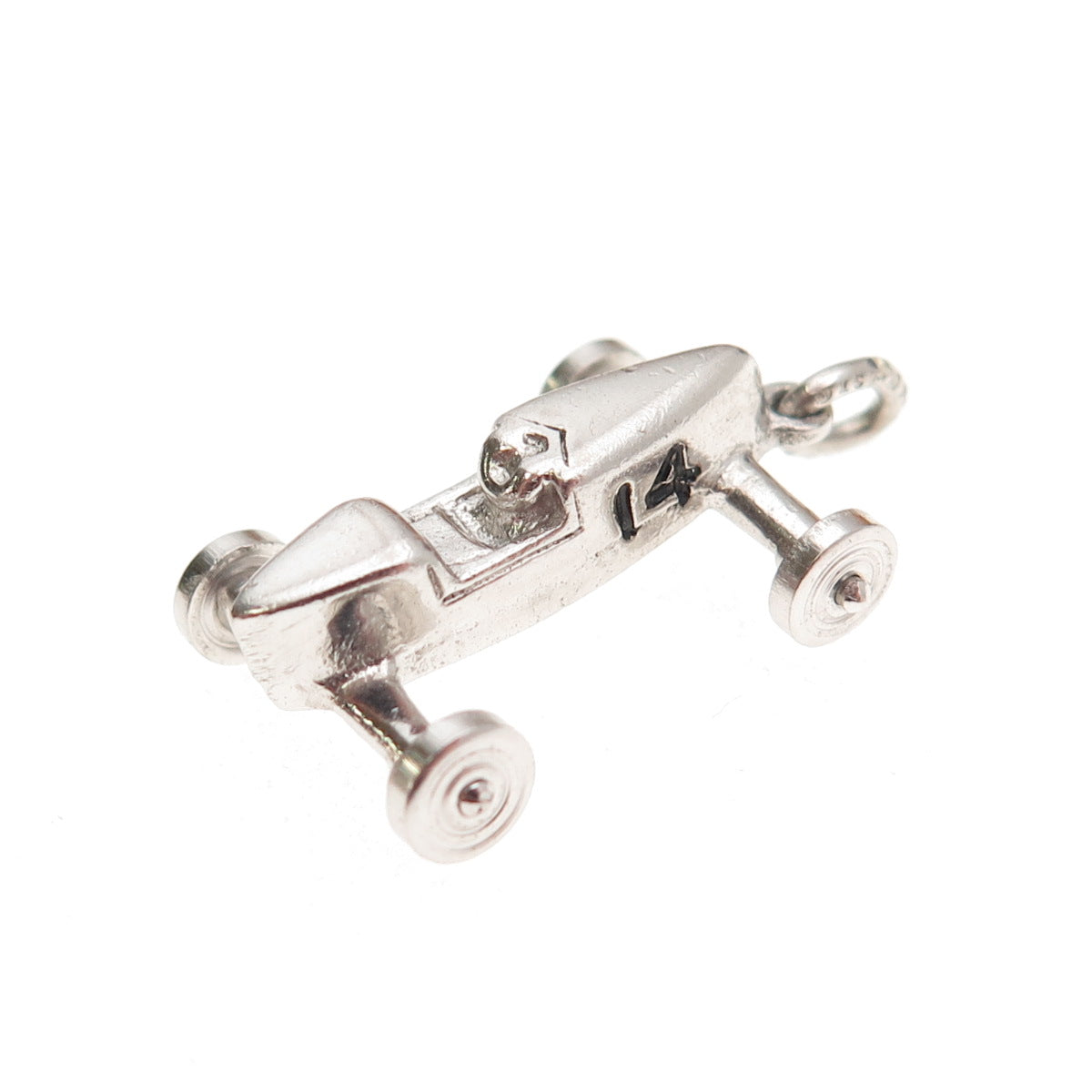 Wells Sterling Silver Vintage Enamel Number 14 Retro Racing Car 3D Mini Pendant