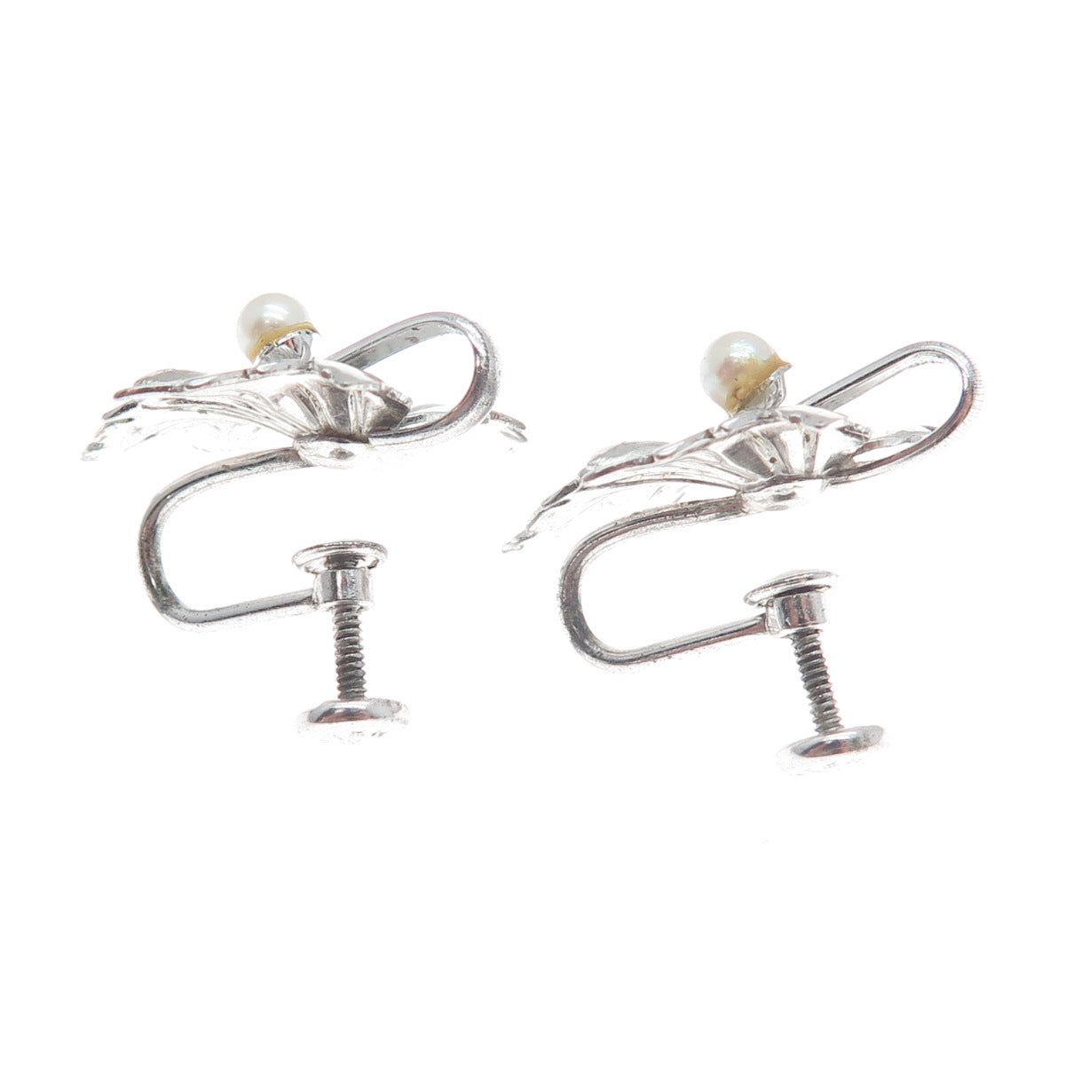 CARL ART 925 Sterling Silver Antique Real Pearl Leaf Screw Back Earrings