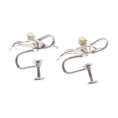 CARL ART 925 Sterling Silver Antique Real Pearl Leaf Screw Back Earrings