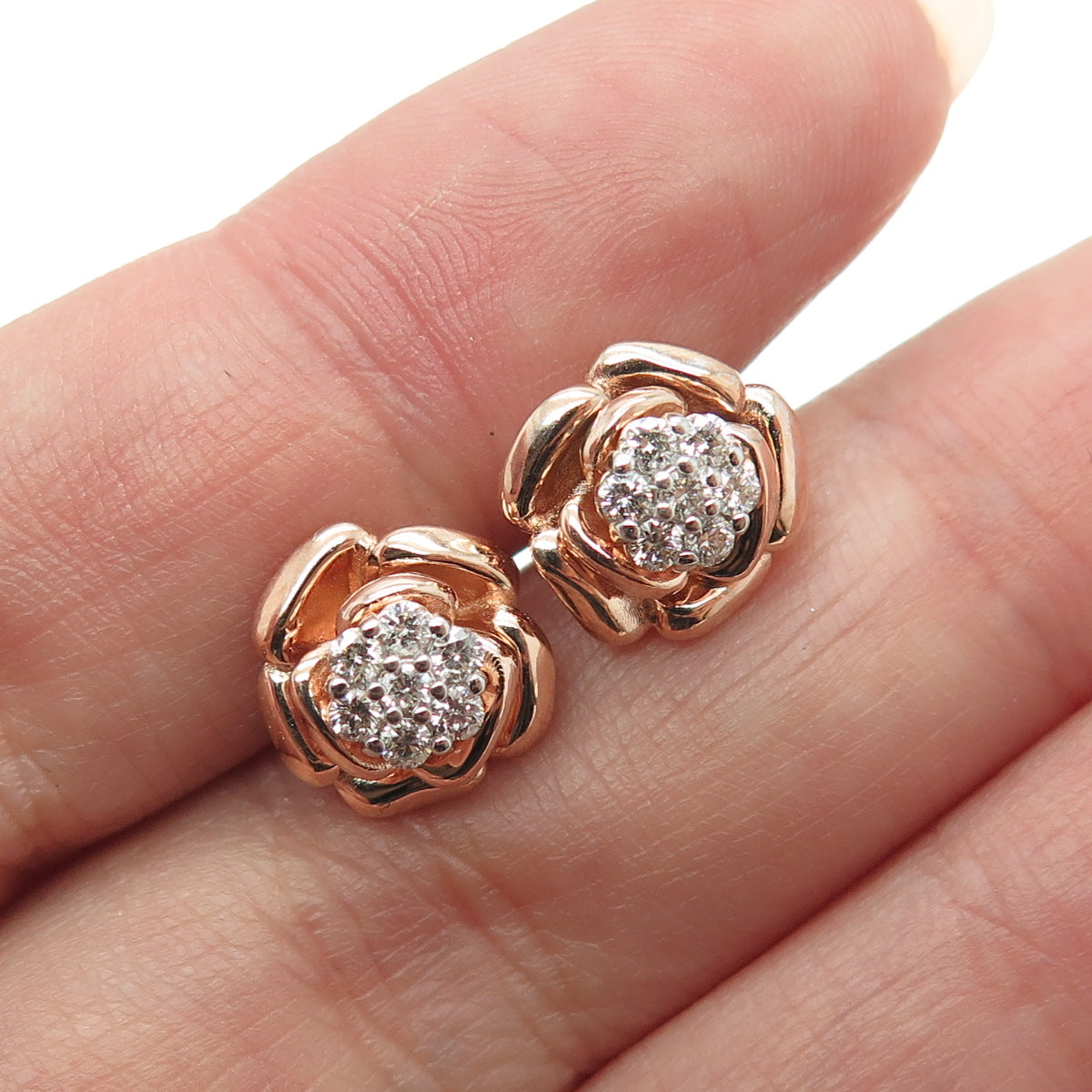 925 Sterling Silver Rose Gold Plated Real Round-Cut Diamond Flower Stud Earrings