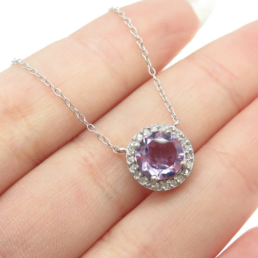 925 Sterling Silver Real Round-Cut Diamond & Amethyst Cable Chain Necklace 18"