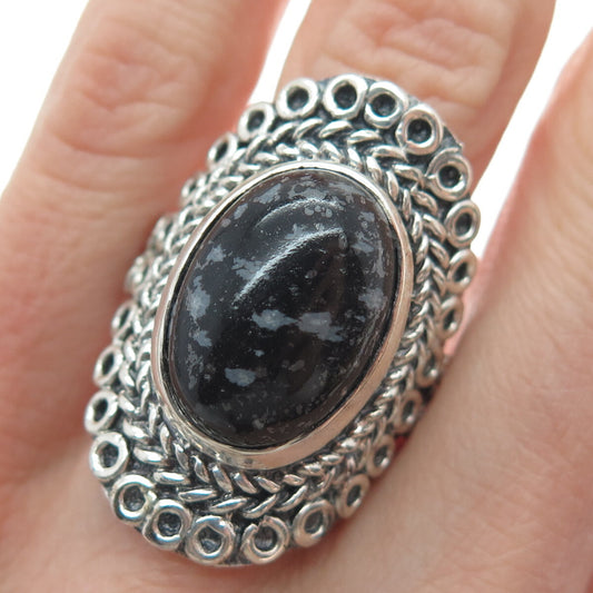 925 Sterling Silver Vintage Real Snowflake Obsidian Circle Ornate Ring Size 9