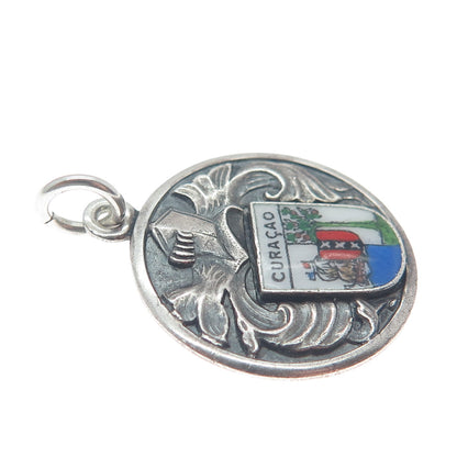 925 Sterling Silver Vintage Enamel Curacao Caribbean Island Tag Charm Pendant
