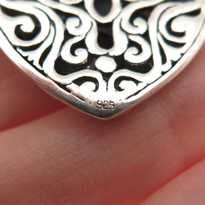 925 Sterling Silver Vintage Real Oval-Cut Blue Topaz Ornate Heart Charm Pendant