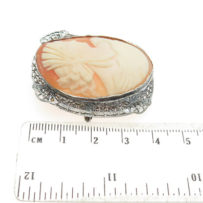 800 Silver Antique Real Carved MOP Victorian Lady Cameo Filigree Pin Pendant
